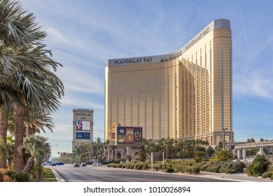 LAS VEGAS, NEVADA, USA - JANUARY 1, 2018: Mandalay Bay In 2018, A Resort And Casino On The Las Vegas Strip. Stephen Paddock Opened Fire From A Room Of This Hotel, Killing 58 And Wounding 546 In 2017