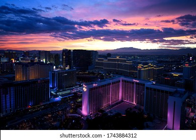 LAS VEGAS, NEVADA, USA - JANUARY 2, 2020: Aerial Panoramic View Of Las Vegas Strip From High Roller. Las Vegas Known For Gambling, Shopping, Fine Dining, Entertainment, Nightlife.