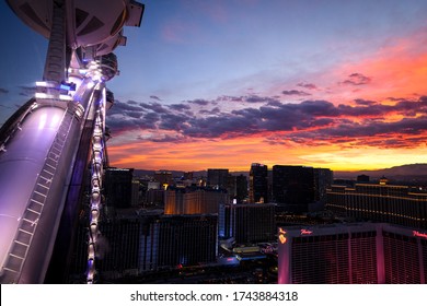 LAS VEGAS, NEVADA, USA - JANUARY 2, 2020: Aerial Panoramic View Of Las Vegas Strip From High Roller. Las Vegas Known For Gambling, Shopping, Fine Dining, Entertainment, Nightlife.