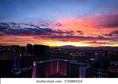 LAS VEGAS, NEVADA, USA - JANUARY 2, 2020: Aerial Panoramic View Of Las Vegas Strip From High Roller. Las Vegas Known For Gambling, Shopping, Fine Dining, Entertainment, Nightlife.