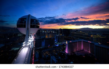 LAS VEGAS, NEVADA, USA - JANUARY 2, 2020: Aerial Panoramic View Of Las Vegas Strip From High Roller. Las Vegas Known For Gambling, Shopping, Fine Dining, Entertainment, Nightlife.