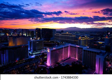 LAS VEGAS, NEVADA, USA - JANUARY 2, 2020: Aerial panoramic view of Las Vegas Strip from High Roller. Las Vegas known for gambling, shopping, fine dining, entertainment, nightlife.