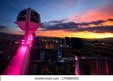 LAS VEGAS, NEVADA, USA - JANUARY 2, 2020: Aerial Panoramic View Of Las Vegas Strip From High Roller. Las Vegas Known For Gambling, Shopping, Fine Dining, Entertainment, Nightlife.