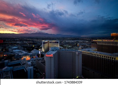 LAS VEGAS, NEVADA, USA - JANUARY 2, 2020: Aerial Panoramic View Of Las Vegas Strip From High Roller. Las Vegas Known For Gambling, Shopping, Fine Dining, Entertainment, Nightlife.