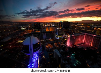 LAS VEGAS, NEVADA, USA - JANUARY 2, 2020: Aerial Panoramic View Of Las Vegas Strip From High Roller. Las Vegas Known For Gambling, Shopping, Fine Dining, Entertainment, Nightlife.