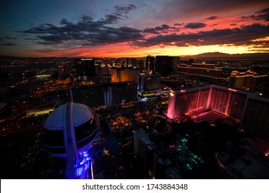 LAS VEGAS, NEVADA, USA - JANUARY 2, 2020: Aerial Panoramic View Of Las Vegas Strip From High Roller. Las Vegas Known For Gambling, Shopping, Fine Dining, Entertainment, Nightlife.