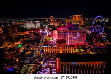 LAS VEGAS, NEVADA, USA - JANUARY 2, 2020: Aerial Panoramic View Of Las Vegas Strip, High Roller. Las Vegas Known For Gambling, Shopping, Fine Dining, Entertainment, Nightlife.