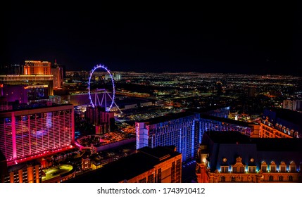 LAS VEGAS, NEVADA, USA - JANUARY 2, 2020: Aerial Panoramic View Of Las Vegas Strip, High Roller. Las Vegas Known For Gambling, Shopping, Fine Dining, Entertainment, Nightlife.