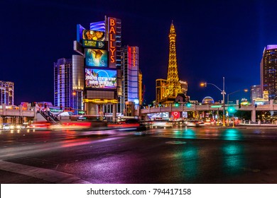 LAS VEGAS, NEVADA, USA - JANUARY 3TH, 2018: Night view of Bally's Las Vegas,  a hotel and casino located on the Las Vegas Strip in Paradise, Nevada. 