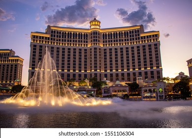 Las Vegas, Nevada, USA - July 2019: Water Show In Front Of The Bellagio