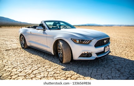 Las Vegas, Nevada, USA - June 2017: Ford Mustang Cabro White On The Nevada Desert For A Test.