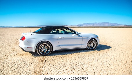 Las Vegas, Nevada, USA - June 2017: Ford Mustang Cabro White On The Nevada Desert For A Test.