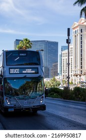 Las Vegas, Nevada, USA - June 3, 2022. Deuce Bus Traveling Down Empty Las Vegas Boulevard.   Palm Trees Line An Empty Street In Las Vegas. 