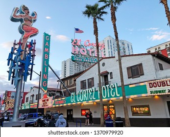 Las Vegas, Nevada  USA - March 06 2019: El Cortez Hotel and showgirl on a pole neon sign in Fremont Street Experience, Old Town, Las Vegas