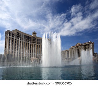LAS VEGAS, NEVADA USA - MARCH 25, 2016: City was founded in May 1905 and incorporated as the city in 1911. First casino was legaized in 1931. Pictured are Bellagio and Caesar palaces with fountain.