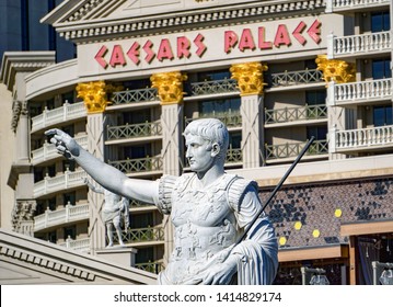Las Vegas, Nevada / USA - May 1, 2019: Caesars Palace Casino Hotel View From Street Level Architecture. Augustus Was A Roman Statesman And Military Leader, First Emperor Of The Roman Empire.