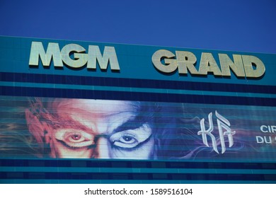 Las Vegas, Nevada / USA - May 1, 2019: MGM Grand Resorts International Casino Hotel View From Street Level. Cirque Du Soleil Sign On The Building Advertising Contemporary Circus Show. 