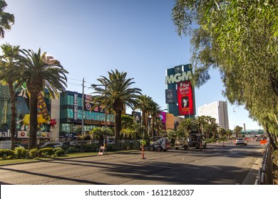 Las Vegas, Nevada, USA - May 6, 2019: Street Level View Of The Famous Las Vegas Strip With The MGM Marquee In The Background.