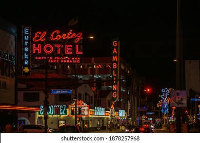 Las Vegas, Nevada, USA - May 14th 2019: What Old Las Vegas Looks Like By Night, Near Fremont Street