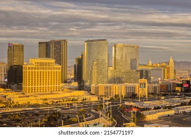 LAS VEGAS, NEVADA, USA - MAY 10, 2022: Las Vegas Strip From Above During Golden Hour