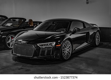 Las Vegas, Nevada / USA - October 5th, 2019 : Black Audi R8 sitting on the showroom floor. 