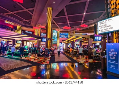 Las Vegas, Nevada, USA - October 1, 2021  Las Vegas Casino Interior And People