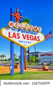 Las Vegas, Nevada, USA - September 18, 2018: Famous Las Vegas Sign On Bright Sunny Day At The Entrance To The Strip.