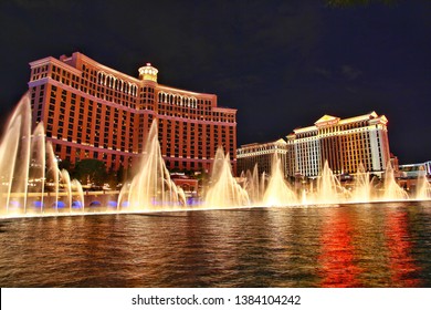 Las Vegas, Nevada, USA-24 February 2015：Las Vegas Bellagio Hotel Casino, featured with its world famous fountain show, at night with fountains in Las Vegas, Nevada