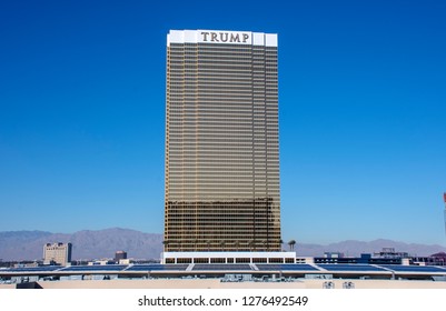 Las Vegas, Nevada/USA - January 4, 2019: With its gold windows, Trump Tower in Las Vegas is located just off the north end of the strip. Its 64 floors contain hotel rooms, condos, and time shares.