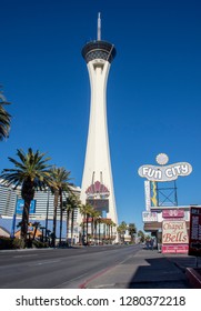 Las Vegas, Nevada/USA - January 4, 2019: The Stratosphere Casino sits on Las Vegas Blvd. near the Fun City Motel where they issue marriage licenses and hold weddings.