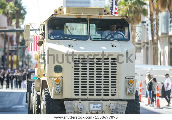 Las Vegas,\
NV 11/11/2019 — A US Army military truck with Nevada plates in the\
Veteran’s Day Parade. Las Vegas hosts the second largest parade in\
the nation only after New York\
City.