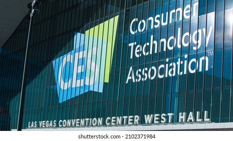 Las Vegas, NV 1-5-2022: Exterior wall of the Las Vegas Convention Center West Hall. It is the first time this wing is used for CES. Event logo printed large on the windows above the main entrance.