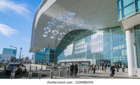 Las Vegas, NV 1-5-2022: Exterior Of Las Vegas Convention Center West Hall During CES2022. It Is The First Time This Newly Constructed Wing Is Used For CES. Logo Of The Event And Building Name On Wall.