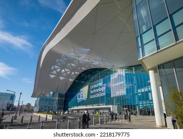 Las Vegas, NV 1-5-2022: Exterior Of Las Vegas Convention Center West Hall During CES2022. It Is The First Time This Newly Constructed Wing Is Used For CES. Logo Of The Event And Building Name On Wall.