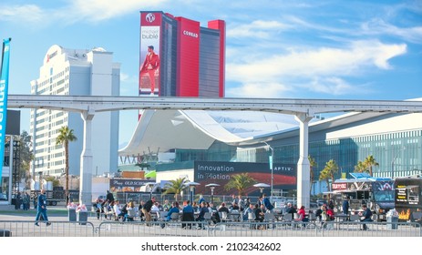 Las Vegas, NV 1-5-22: Facing Toward The Newly Constructed West Hall Of The Convention Center. Pop Up Tables Next To Food Trucks For Event Participants To Gather For Lunch During CES2022.