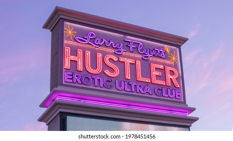 Las Vegas, NV 5-22-21: Neon Sign Of Larry Flynt’s Hustler Erotic Ultra Club Where Covid Vaccines Were Administered By SNHD. Located On Dean Martin Dr, This Is The Most Visited Strip Club In The City.