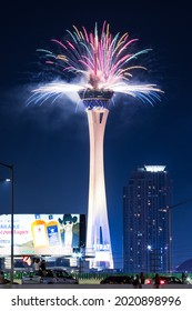 Las Vegas, NV 7-4-2021: Frizzy Colorful Fireworks Coming Out Of The STRAT Hotel. Part Of The Synchronized Fireworks Which Happen Twice A Year On The Las Vegas Strip: 4th Of July And New Year’s Eve.