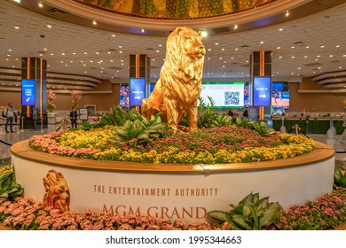 LAS VEGAS, NV - APRIL 22, 2021: The Gold Lion In The MGM Grand Casino Greets Patrons Entering The Building.