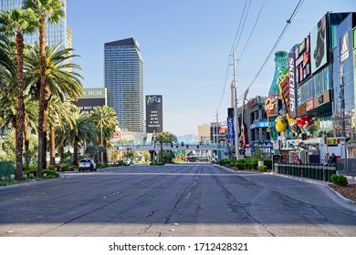 Las Vegas, NV, April 23, 2020: View Of Empty, Eerie Las Vegas Strip During The Coronavirus Pandemic Lock-down.