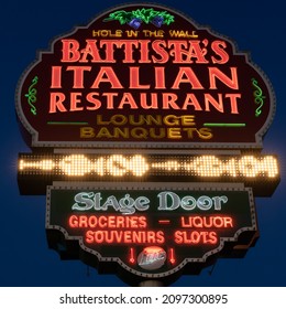 Las Vegas, NV - Dec 15, 2021: Battista's Hole In The Wall Italian Restaurant Is Decorated With Old Time Las Vegas Memorabilia, And The House Wine Is Free With Every Dinner.