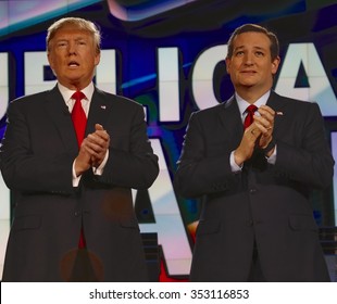 LAS VEGAS, NV - DECEMBER 15: Republican presidential candidates US Senator Ted Cruz and Donald J. Trump clap at CNN republican presidential debate at The Venetian, December 15, 2015, Las Vegas, Nevada