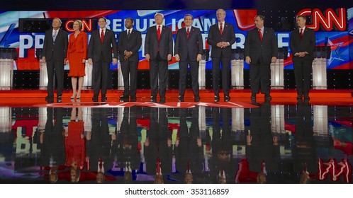 LAS VEGAS, NV - DECEMBER 15: Republican Presidential Candidates (L-R) John Kasich, Carly Fiorina, Sen. Marco Rubio, Ben Carson, Donald Trump, Sen. Ted Cruz, Jeb Bush, Chris Christie And Sen. Rand Paul