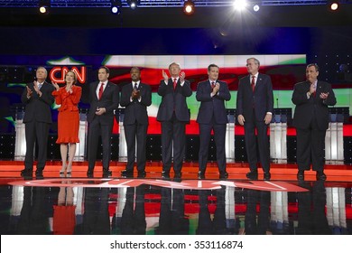 LAS VEGAS, NV - DECEMBER 15: Republican Presidential Candidates (L-R) John Kasich, Carly Fiorina, Sen. Marco Rubio, Ben Carson, Donald Trump, Sen. Ted Cruz, Jeb Bush, Chris Christie