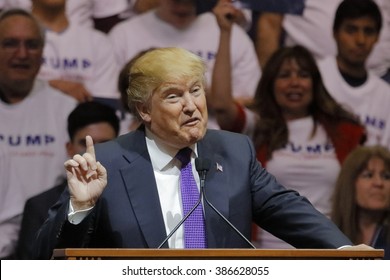 LAS VEGAS, NV - FEBRUARY 22: Republican 2016 presidential candidate Donald Trump speaks from podium at a rally at the South Point Hotel & Casino on February 22, 2016 in Las Vegas, Nevada.