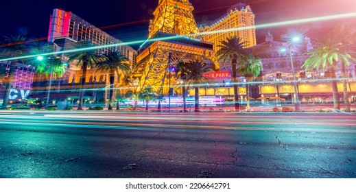 LAS VEGAS, NV - JUNE 29, 2018: Night View Of Paris Hotel Casino And The Strip Traffic