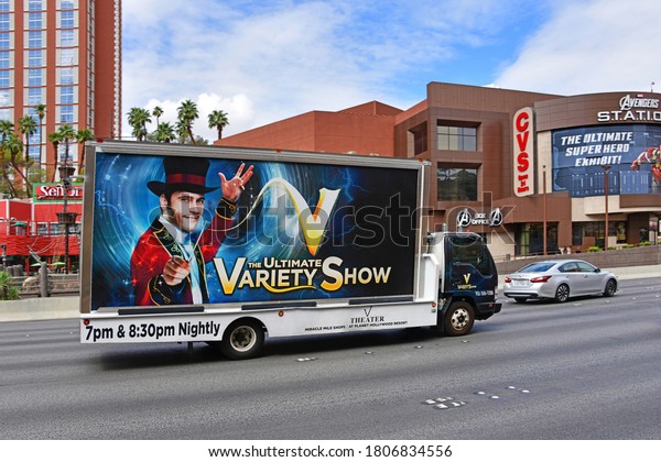 Las Vegas NV, USA 10-02-18 V-The Ultimate Variety
Show is present on the Las Vegas Strip on mobile billboards of
beautiful graphic design