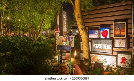 Las Vegas, NV, USA 10-1-2022: LV Community Healing Garden On The 5th Anniversary Of The Deadly 1October Shooting In 2017 That Killed 58 People At Route 91 Harvest Festival. Paintings On Wooden Wall.