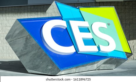 Las Vegas, NV, USA 1/10/2020 — Large CES (Consumer Electronics Show) Logo At The Entrance Of The Convention Center Captured Diagonally. The Event Is Produced By The Consumer Technology Association.