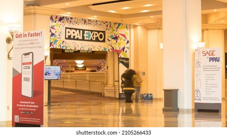 Las Vegas, NV, USA 1-11-2022: PPAI EXPO sign displayed at entrance of Mandalay Bay Convention Center during the event. It is the largest trade show in North America for promotional products industry.