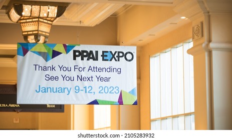 Las Vegas, NV, USA 1-11-2022: Mandalay Bay Convention Center advertising PPAI EXPO 2023 at the building exit. It is the largest trade show in North America for promotional products industry.